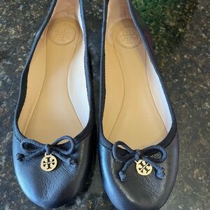 Tory Burch Black Leather Flats with Gold Medallion